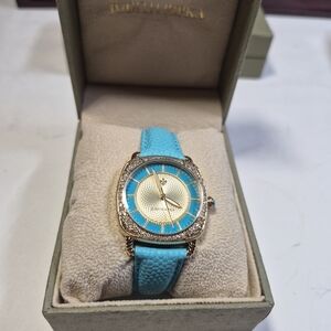 Judith Ripka Crystal Watch With Sleeping Beauty Turquoise Leather Band New 6=6.5